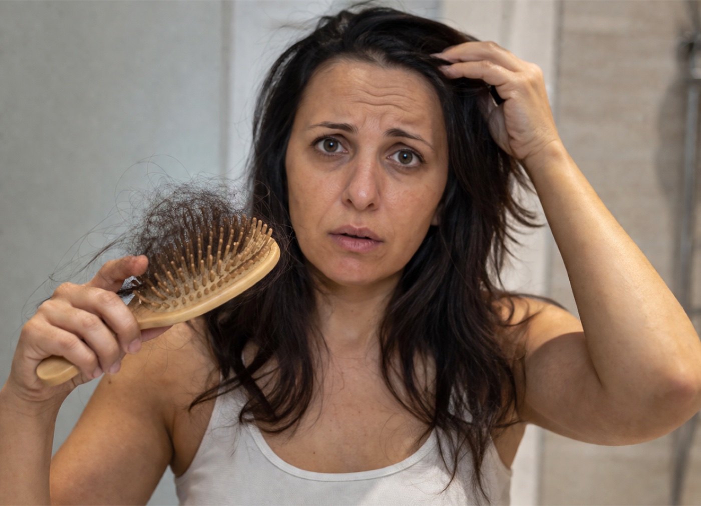 Woman concerned about hair loss — the problem PROGEN's microfocused ultrasound treatment addresses