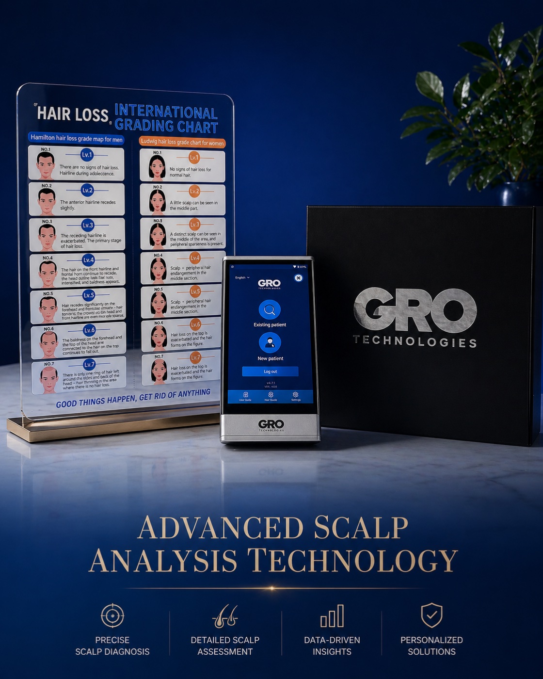 PROGEN advanced scalp analysis technology — GRO trichoscopy device and Hair Loss International Grading Chart