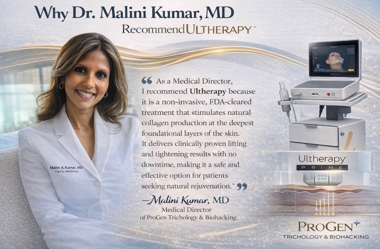 Dr. Malini Kumar, MD, Medical Director of PROGEN Trichology & Biohacking, recommending Ultherapy